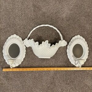 Vintage White Hobnail Mirror Candle Sconce Set Basket Wall Pocket Wall Art